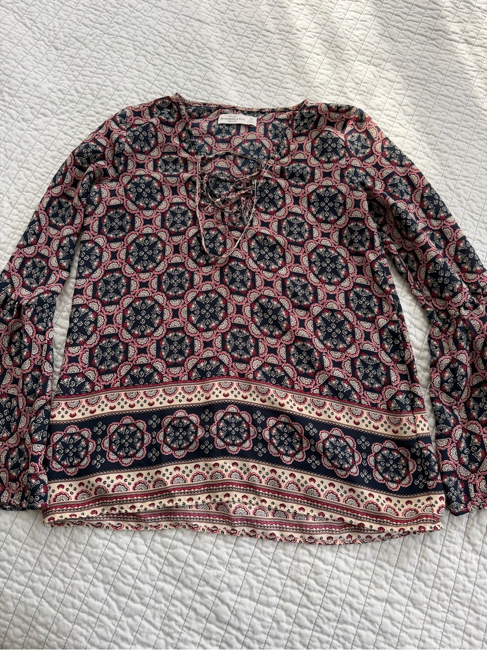 Abercrombie & Fitch Navy and Pink Patterned Tie-Neck Tunic